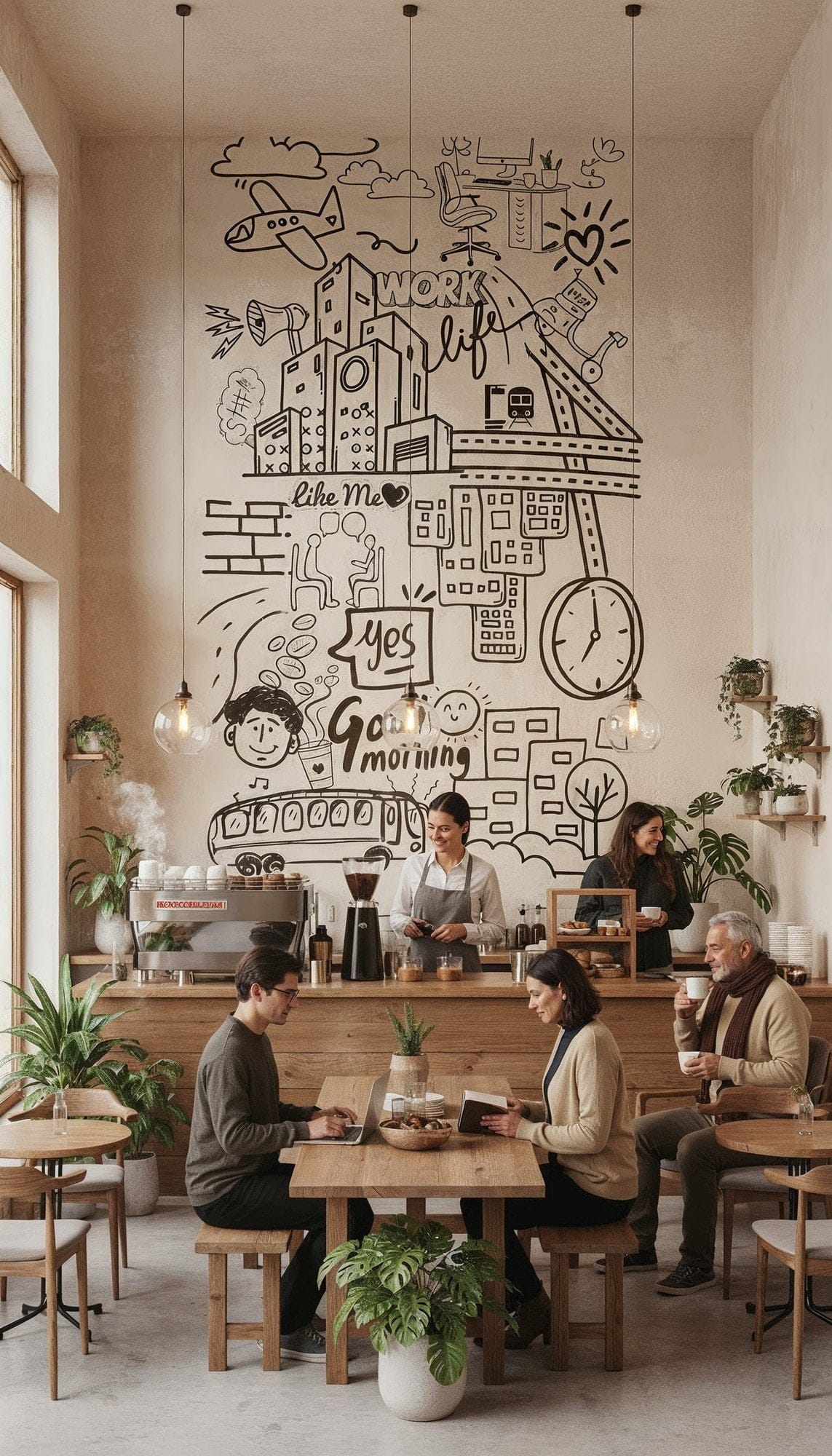 Oraș schițat — simulare mural, stil minimalist
