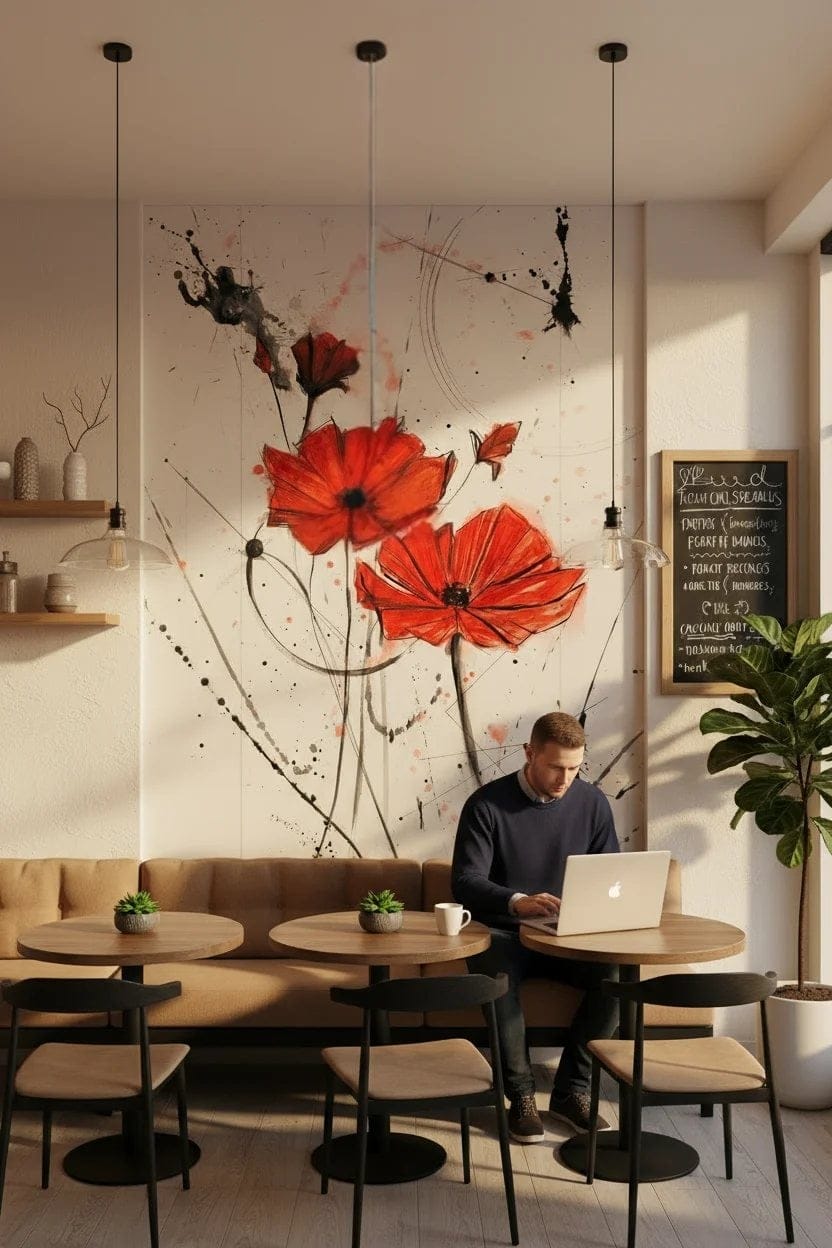 Maci roșii — simulare mural, stil organic