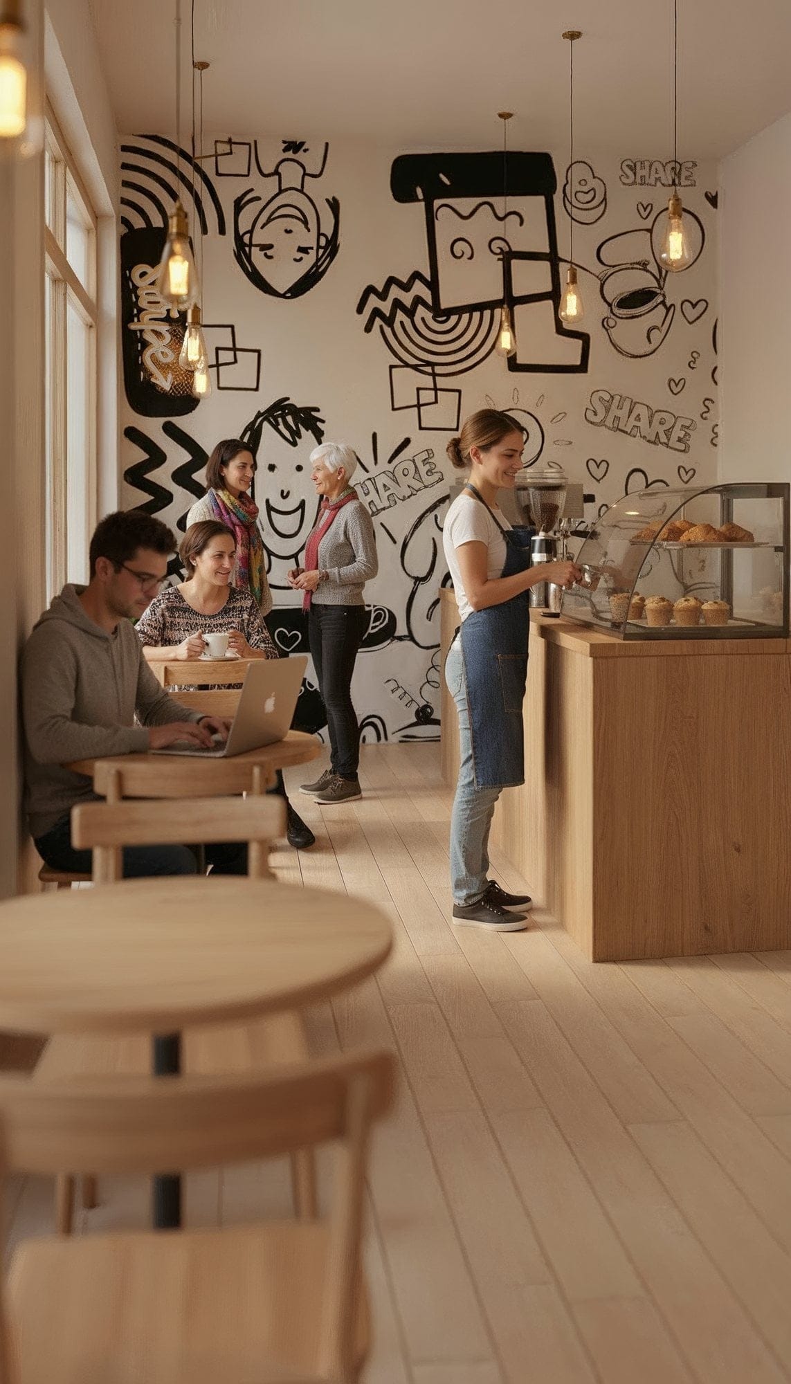 Personaje la cafenea — simulare mural, stil animație
