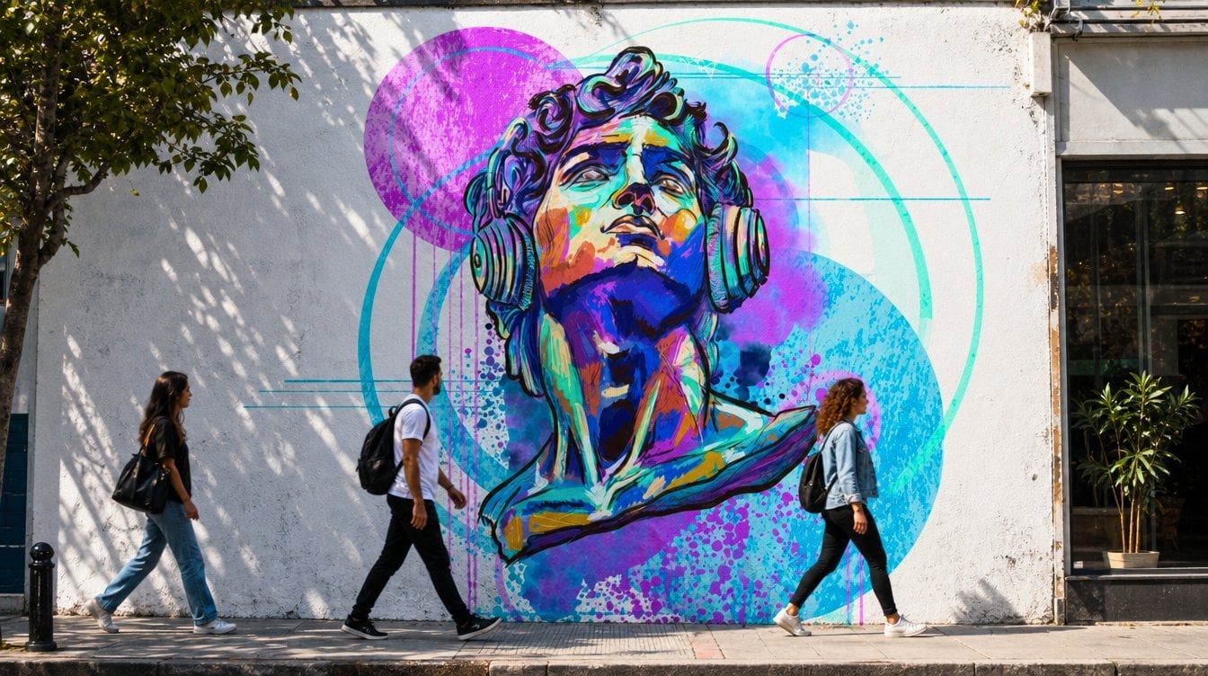 Bust cu căști — simulare mural, stil pop art